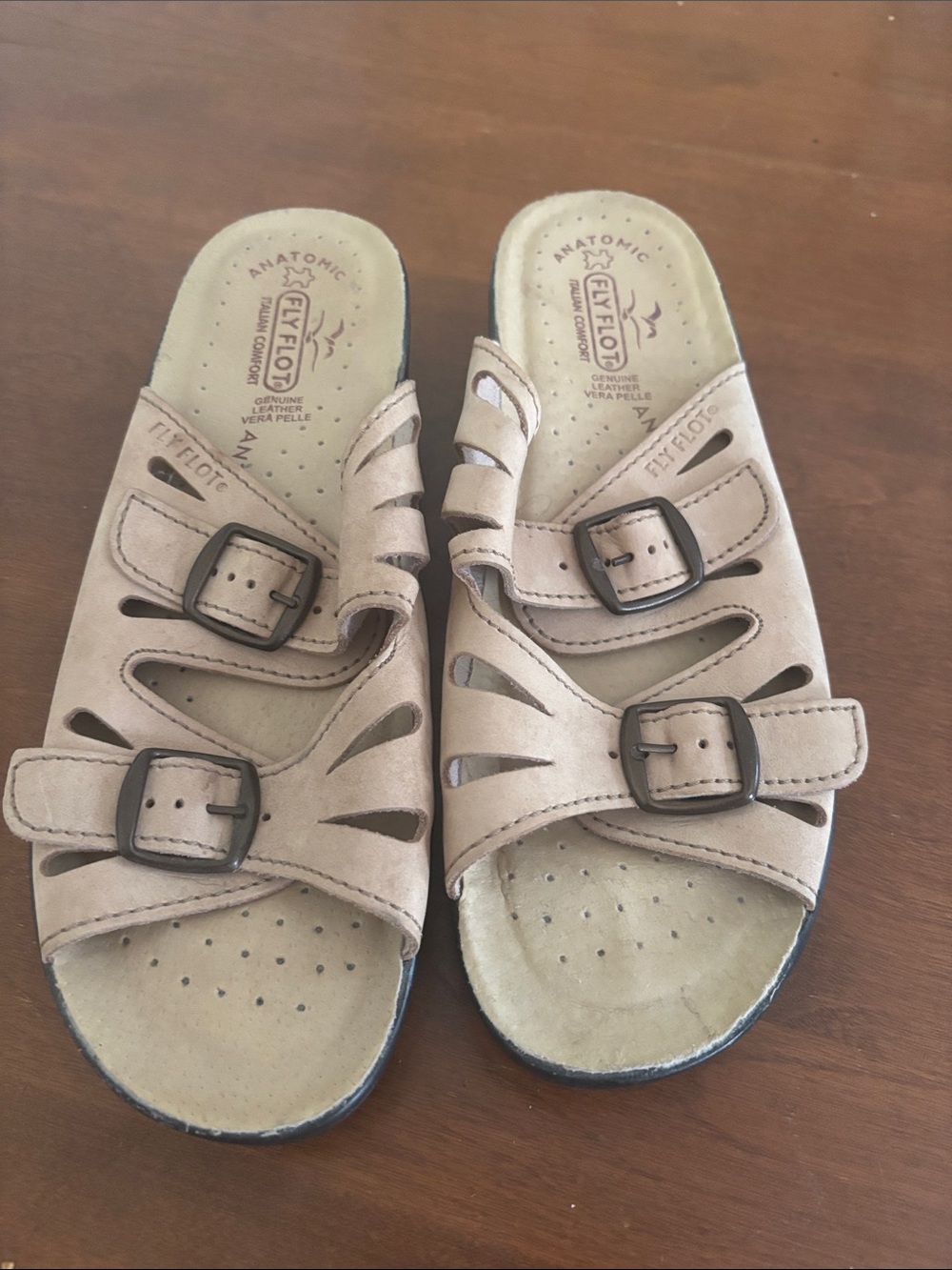 Fly Flot Beige Buckle Comfort Slide Sandals Sz 40
